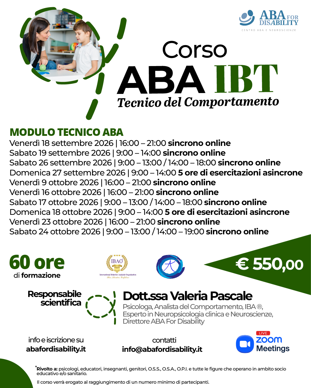 Locandina IBT - Corso Tecnico Aba - ABA for Disability - Orari Giornate Settembre 2026