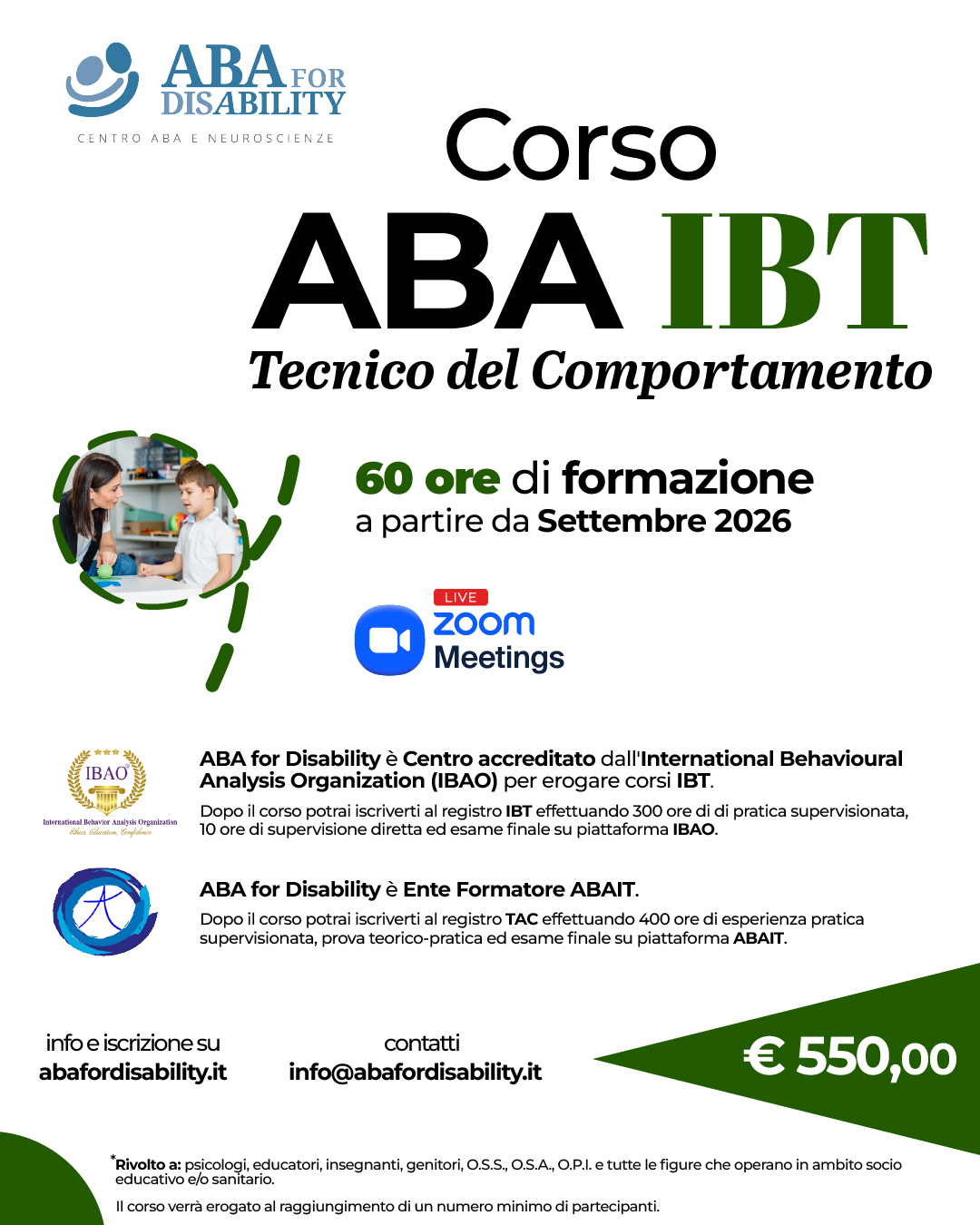 Locandina IBT - Corso Tecnico Aba settembre 2026 - ABA for Disability